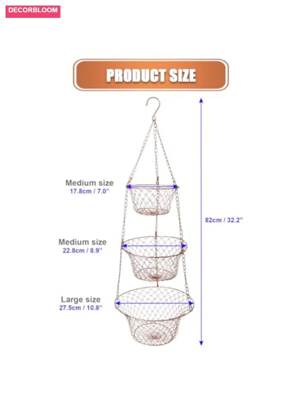 3 Tier Hanging Fruit Basket Heavy Duty Wire Storage Rack with Hooks